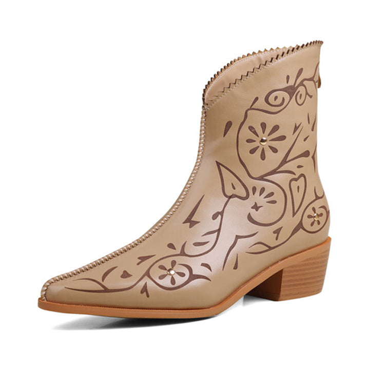 Isyou ibeauty Pointed Toe Laser-cut Leather Upper Chunky Heel Ankle Boots Y2592 Boots Y2592 Apricot US5/EU34