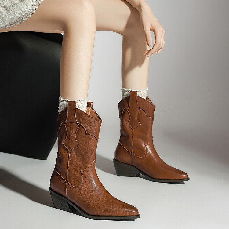 Isyou ibeauty Pointed Toe Leather Chunky Heel Western Ankle Boots Y2576