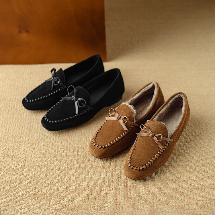 Women's Bow Detail Suede Upper Flat Loafer Shoes Y2536