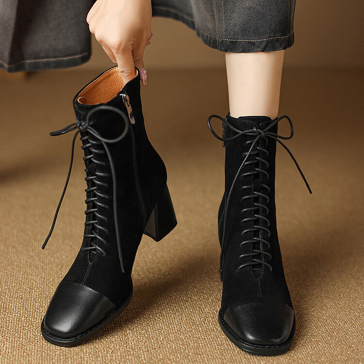 Women's Cap Toe Chunky Heel Lace-Up Ankle Boots Y2525