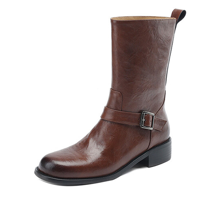 Isyou ibeauty Round Toe Leather Mid-Calf Boots Biker Boots Y2612 Boots Y2612 Brown US5/EU34 Leather lining