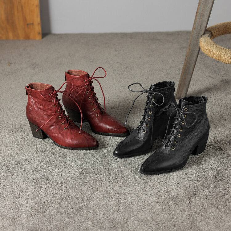 Women's Pointed Toe Chunky Heel Lace-Up Ankle Boots Y2526 Ankle Boots Y2526