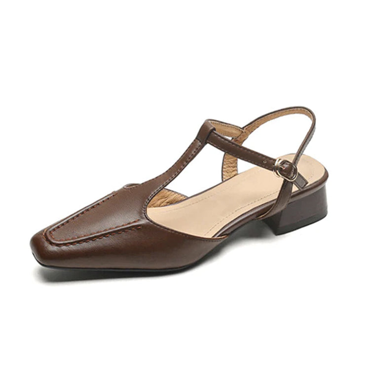 Square Toe Leather T-Strap Flats