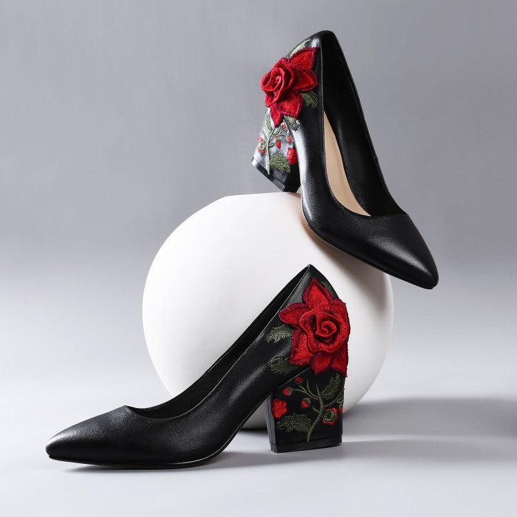 Ladies Pointed Toe Rose Embroidery Block Heel Pumps