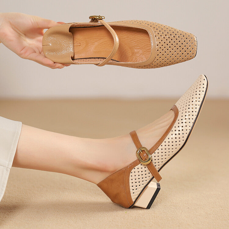 Ladies Square Toe Perforated Upper Block Low Heel Mary Janes