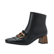 Isyou ibeauty Round Toe Leather Chunky Heel Ankle Boots Y2581 Boots Y2581 Black US5/EU34