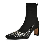 Women's Chunky Heel Stretch Ankle Boots with Pearl Embellishment Y2545 Ankle Boots Y2545 Black US5/EU34 Unlined