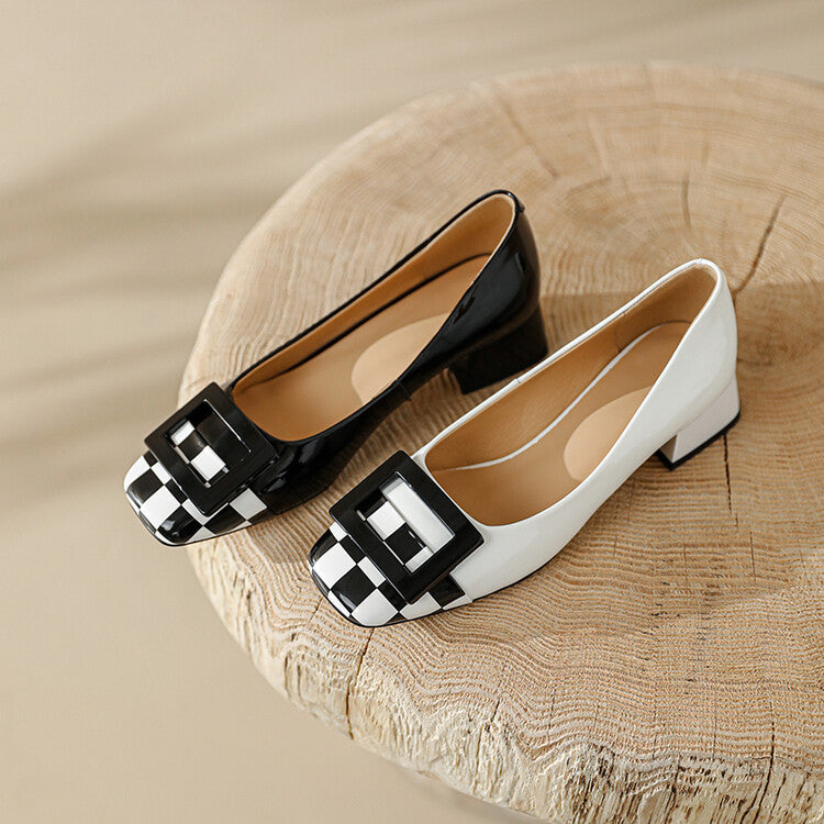 Ladies Round Toe Buckle Detail Block Low Heel Pumps