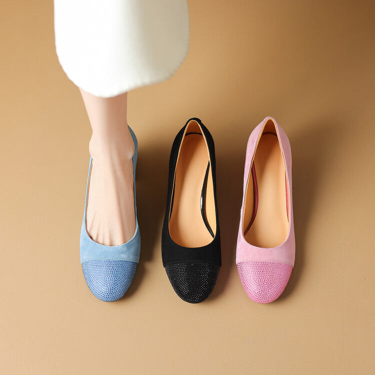 Ladies Round Toe Suede Block Heel Pumps