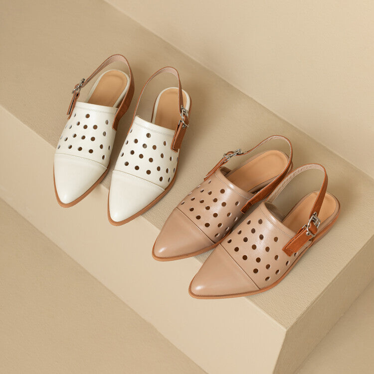 Ladies Pointy Toe Perforated  Upper Slingback Block Low Heels