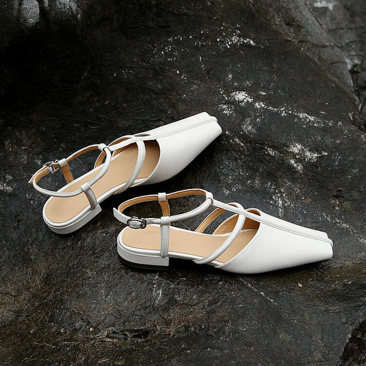 Ladies Square Toe T-Strap Leather Flats