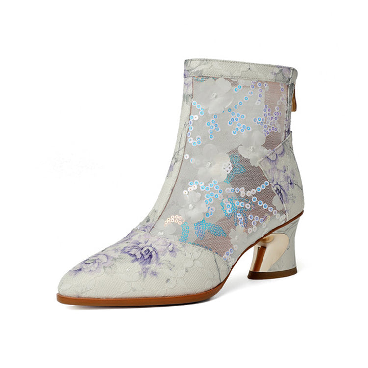 Floral Print Novelty Heel Ankle Boots Short Boots Y2696 Boots Y2696 Purple US5/EU34