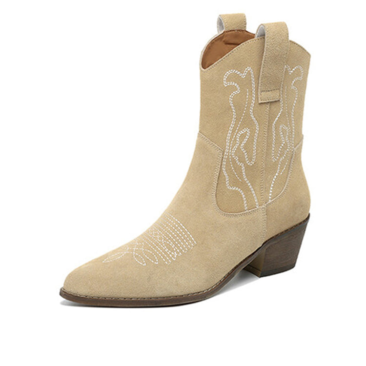 Isyou ibeauty Pointed Toe Chunky Heel Suede Western Ankle Boots Y2587 Boots Y2587 Apricot US5/EU34