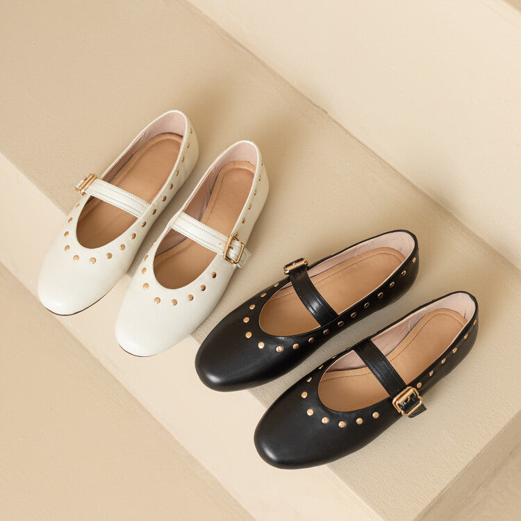 Ladies Round Toe Stud Embellished Mary Jane Flats