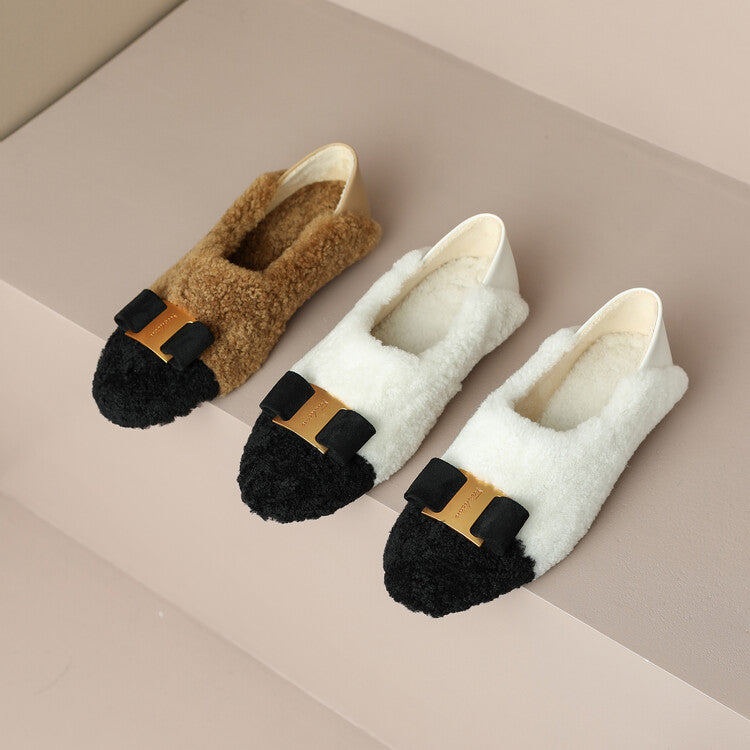 Ladies Round Toe Bow Detail Fur Flats