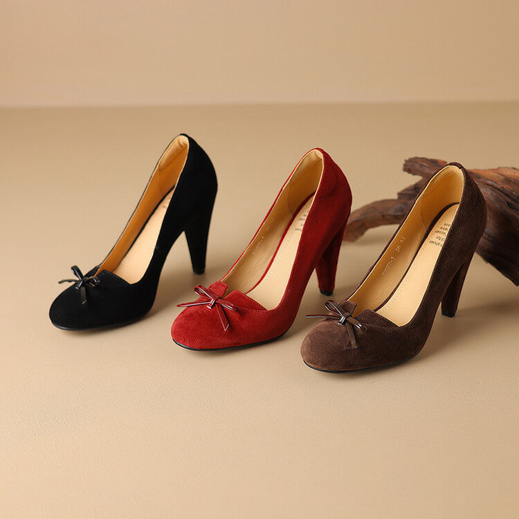 Ladies Round Toe Suede Upper Bow Detail High Heel Pumps