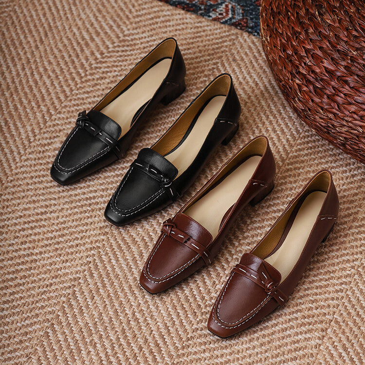 Ladies Square Toe Leather Bow Detail Block Low Heel Loafers