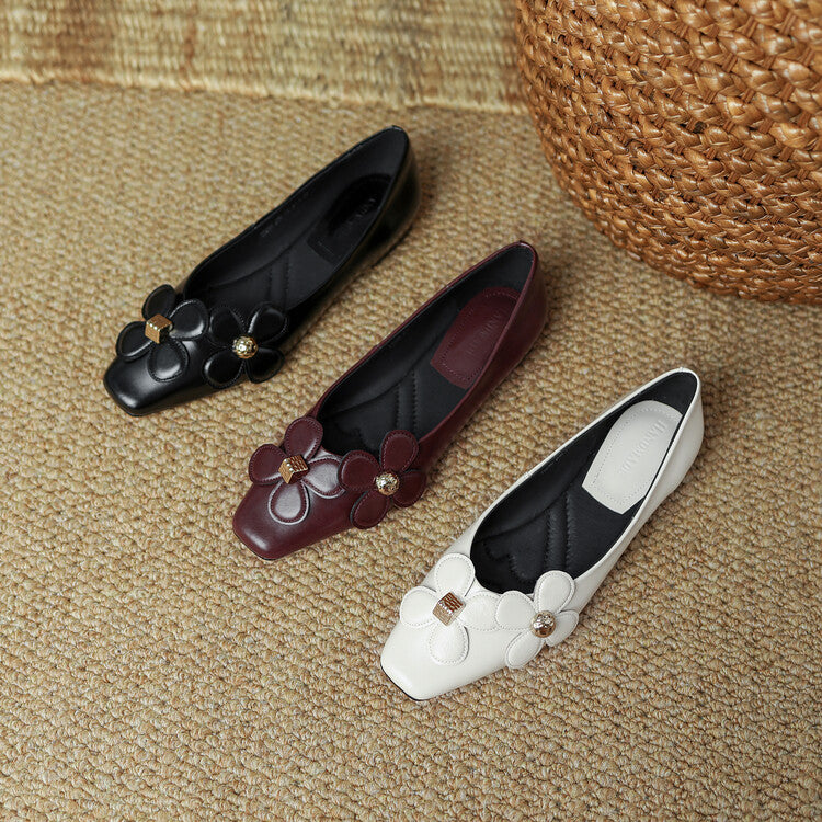 Ladies Square Toe Flower Embellished Flat Shoes