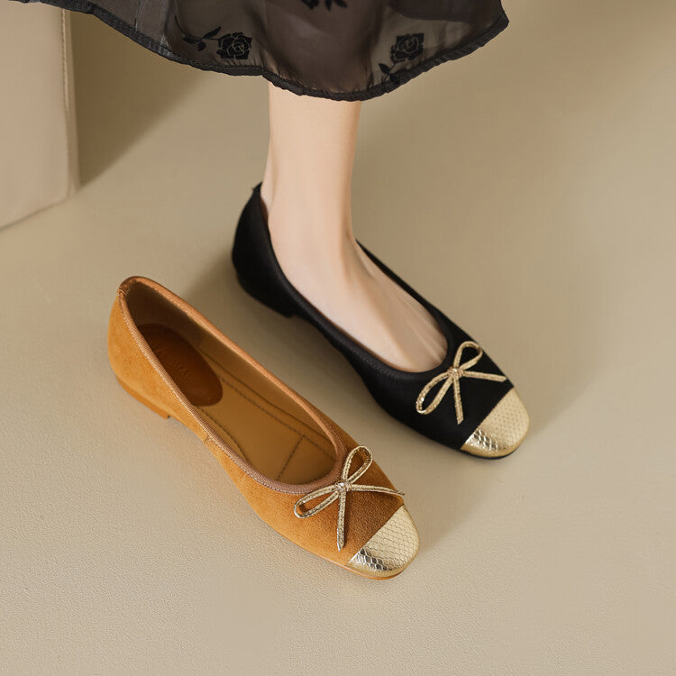 Ladies Cap Toe Suede Bow Detail Flat Ballet Shoes