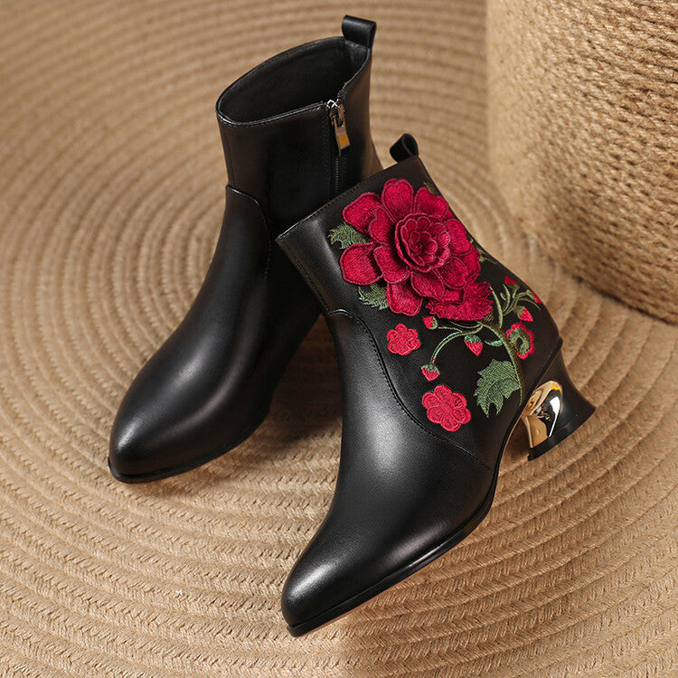 Ladies Pointed Toe Rose Embroidery Ankle Boots