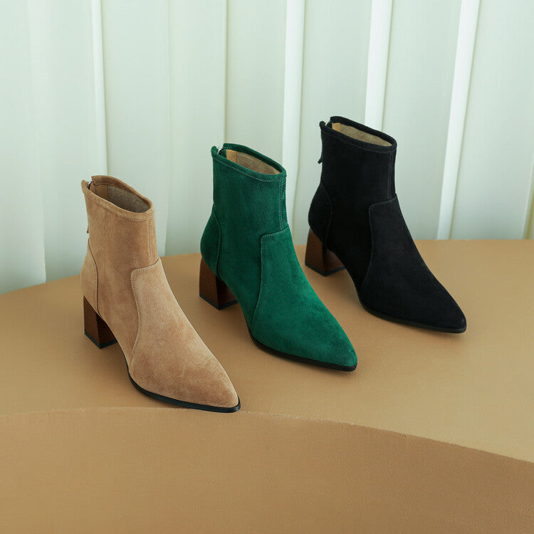 Ladies Pointed Toe Suede Block Heel Ankle Boots