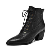 Women's Pointed Toe Chunky Heel Lace-Up Ankle Boots Y2526 Ankle Boots Y2526 Black Leather lining US5/EU34