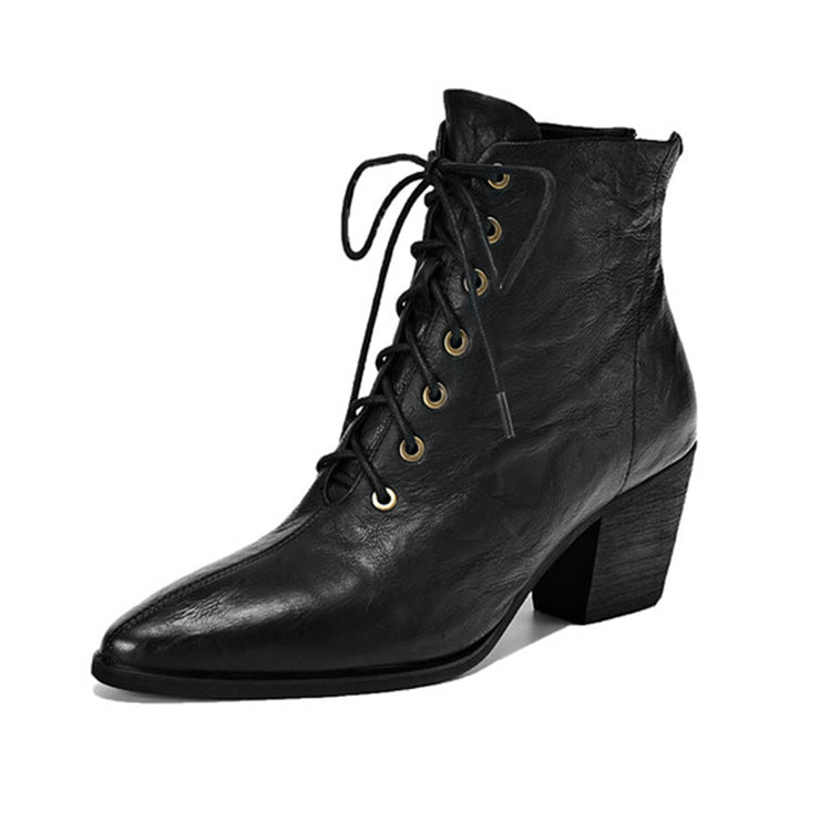 Women's Pointed Toe Chunky Heel Lace-Up Ankle Boots Y2526 Ankle Boots Y2526 Black Leather lining US5/EU34
