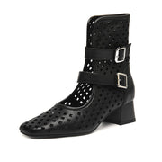Ladies Leather Square Toe Laser-cut Upper Heeled Ankle Boots Ankle Boots Y2497 Black US5/EU34