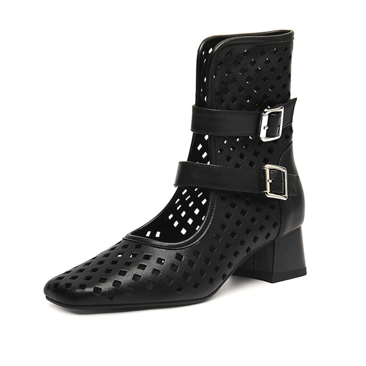 Ladies Leather Square Toe Laser-cut Upper Heeled Ankle Boots Ankle Boots Y2497 Black US5/EU34