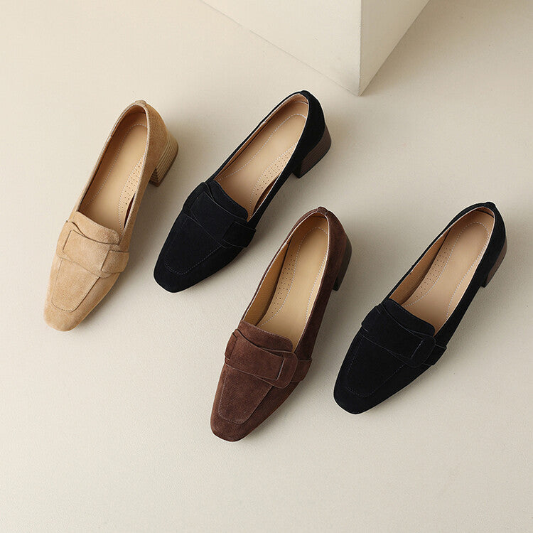 Ladies Square Toe Suede Block Heel Loafers