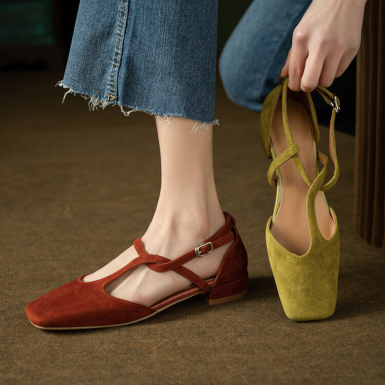 Ladies Square Toe Cross-strap Suede Flat Shoes