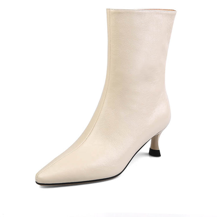 Ladies Pointed-Toe Leather Mid-calf Boots with Kitten Heel Ankle Boots Y2060 Beige US5/EU34