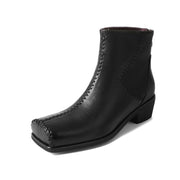 Isyou ibeauty Square Toe Vintage Stitched Leather Ankle Boots Y2562 Boots Y2562 Black US5/EU34