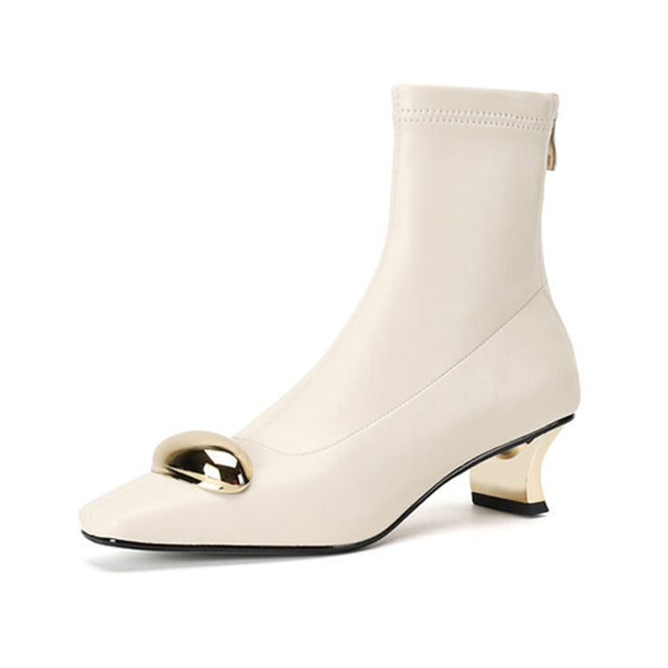 Isyou ibeauty Square Toe Metallic Embellished Ankle Boots with Sculptural Heels Y2551 Ankle Boots Y2551 Beige US5/EU34 Leather lining