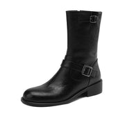 Isyou ibeauty Round Toe Leather Mid-Calf Boots Biker Boots Y2613 Boots Y2613 Black US5/EU34 Leather lining