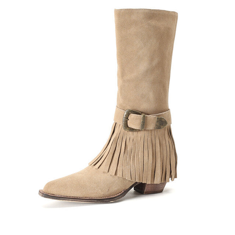 Ladies Fringed Embellished Suede Mid-Calf Western Boots Boots Y2121 Camel US5.5/EU35