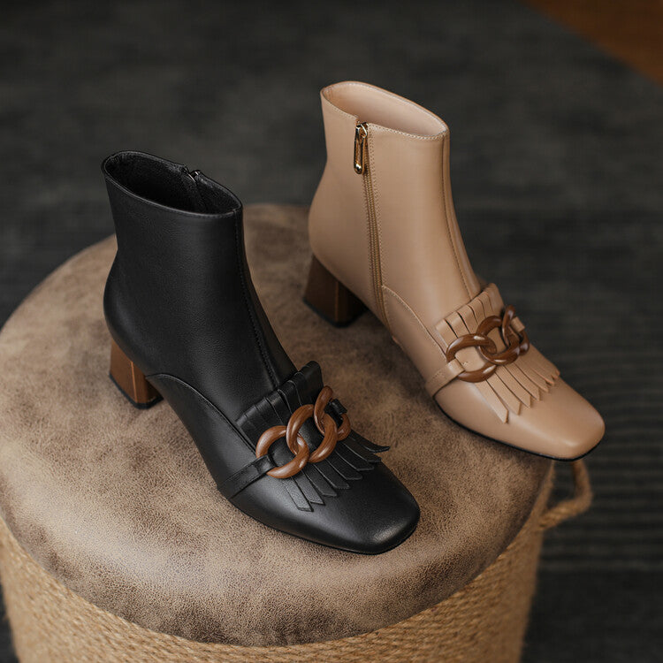 Isyou ibeauty Round Toe Leather Chunky Heel Ankle Boots Y2581 Boots Y2581