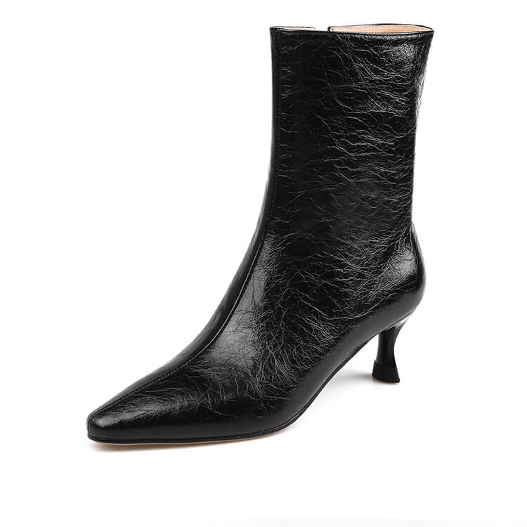 Ladies Pointed-Toe Leather Mid-calf Boots with Kitten Heel Ankle Boots Y2060 Black US5/EU34