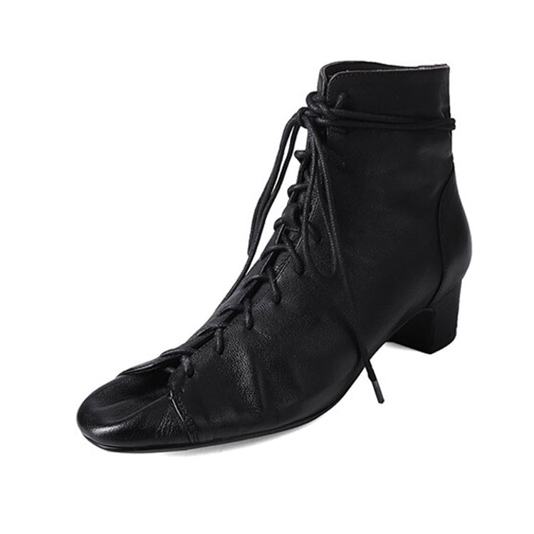 Isyou ibeauty Chunky Heel Genuine Leather Lacu-up Ankle Boots Y2570 Boots Y2570 Black US5/EU34