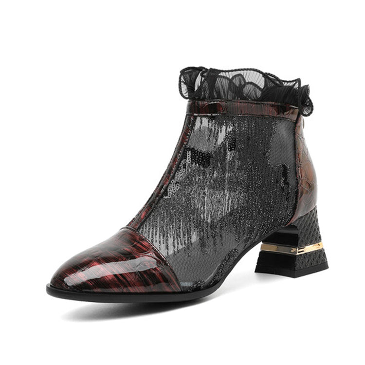 Ladies Ruffle Mesh Ankle Boots Short Boots Block Heel Y2695 Boots Y2695 Maroon US5/EU34
