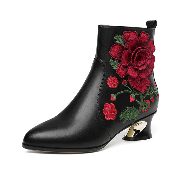 Ladies Pointed Toe Rose Embroidery Ankle Boots Y2403 Boots Y2403 Black US5/EU34