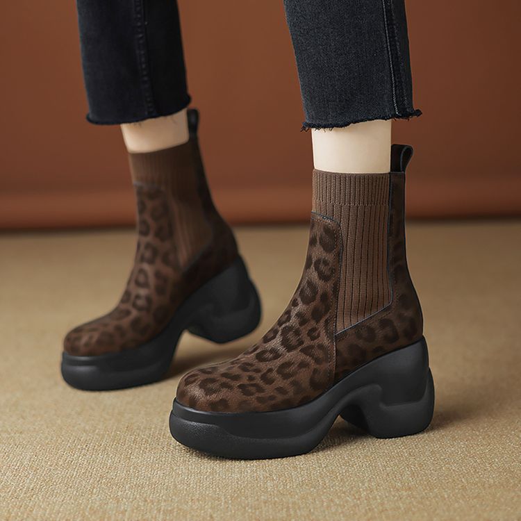 Isyou ibeauty Round Toe Leopard Print Leather Platform Boots Ankle Boots Short Boots Y2648 Boots Y2648