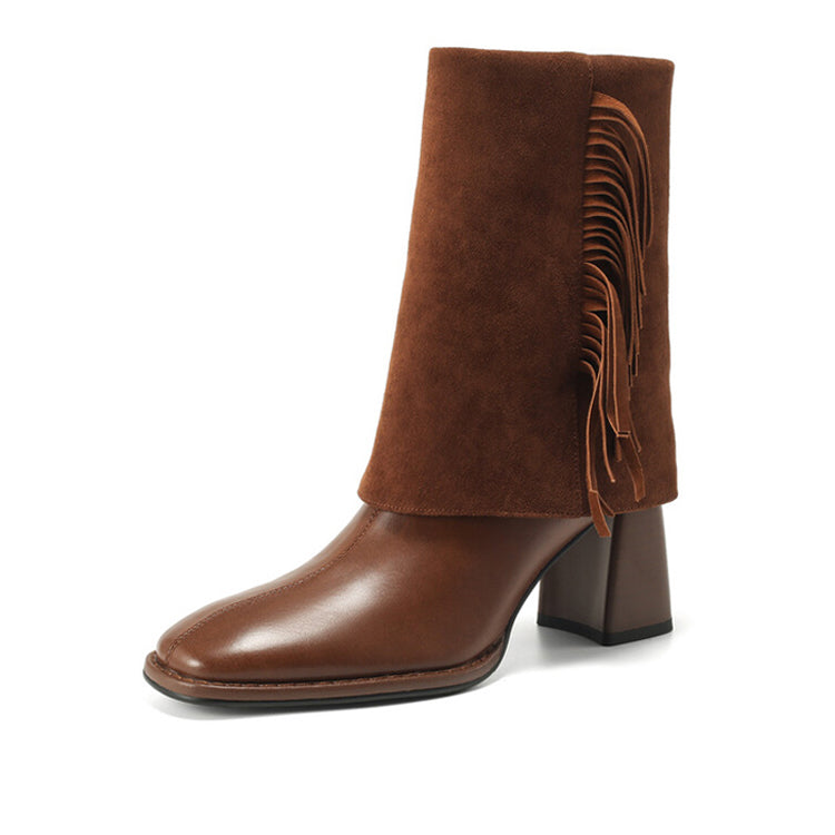 Women's Chunky Heel Tassel Design Ankle Boots Y2524 Ankle Boots Y2524 Brown US5/EU34