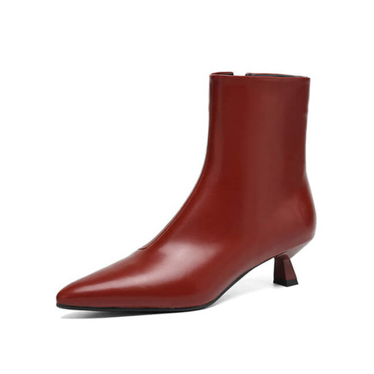 Women's Kitten Heel Pointed-Toe Leather Ankle Boots Y2738 Boots Y2738 Red US5/EU34