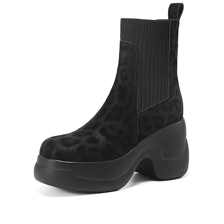Isyou ibeauty Round Toe Leopard Print Leather Platform Boots Ankle Boots Short Boots Y2648 Boots Y2648 Black US5/EU34