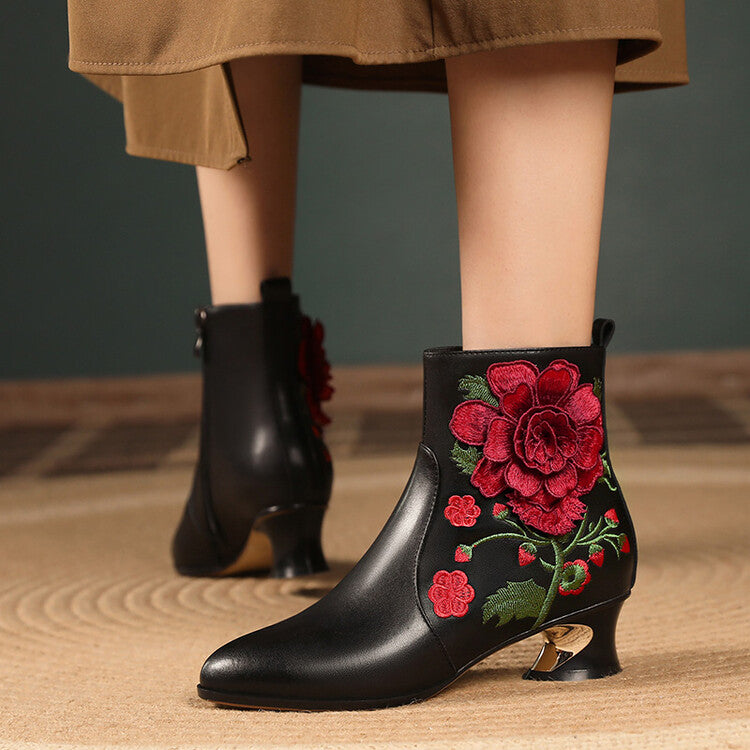 Ladies Pointed Toe Rose Embroidery Ankle Boots Y2403 Boots Y2403