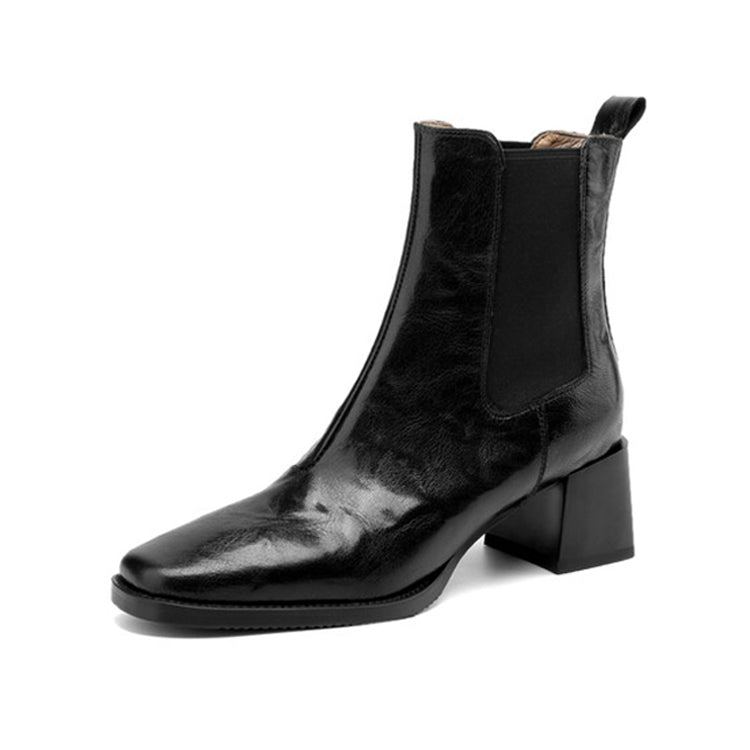 Isyou ibeauty Square Toe Leather Block Low Heel Chelsea Boots Short Boots Ankle Boots Y2604 Boots Y2604 Black US5/EU34 Leather lining