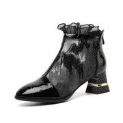 Ladies Ruffle Mesh Ankle Boots Short Boots Block Heel Y2695 Boots Y2695 Black US5/EU34