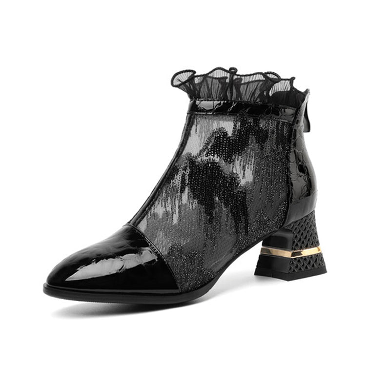 Ladies Ruffle Mesh Ankle Boots Short Boots Block Heel Y2695 Boots Y2695 Black US5/EU34