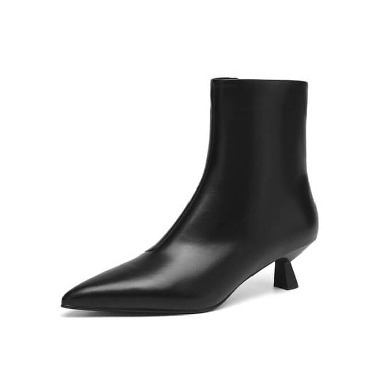 Women's Kitten Heel Pointed-Toe Leather Ankle Boots Y2738 Boots Y2738 Black US5/EU34